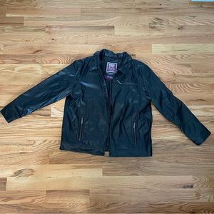 PAPER DENIM AND CLOTH Men’s faux leather jacket, black with gray hood, size XL